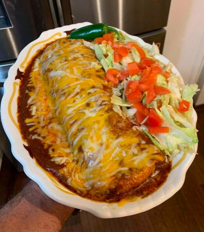 Beef And Bean Burritos Smothered With Red Chile Chimayo